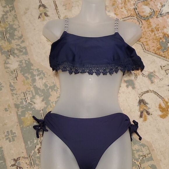 Ann Taylor Womens Blue Scalloped Edge ruffle edge 2pc Bikini Top S & Bottom XS - Picture 1 of 7